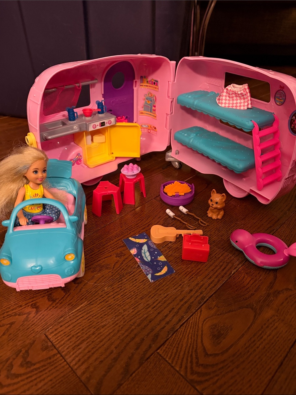 Kids Travel Playset with Doll, Teal Car & Pink Camper